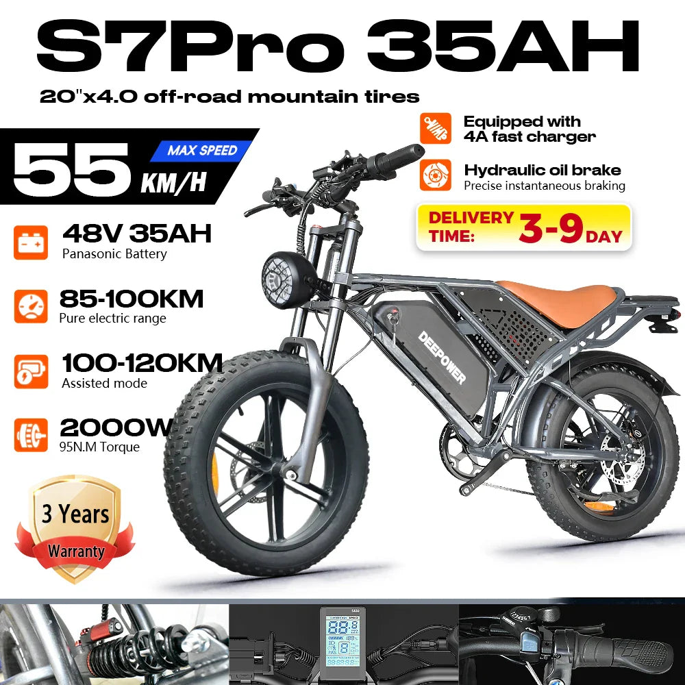 DEEPOWER S7Pro Electric Bike for Adults, 48V, 60Ah,Dual Battery, 20''x4.0 Fat Tires,Snow Mountain E-Bike, 2000W Electric Bicycle